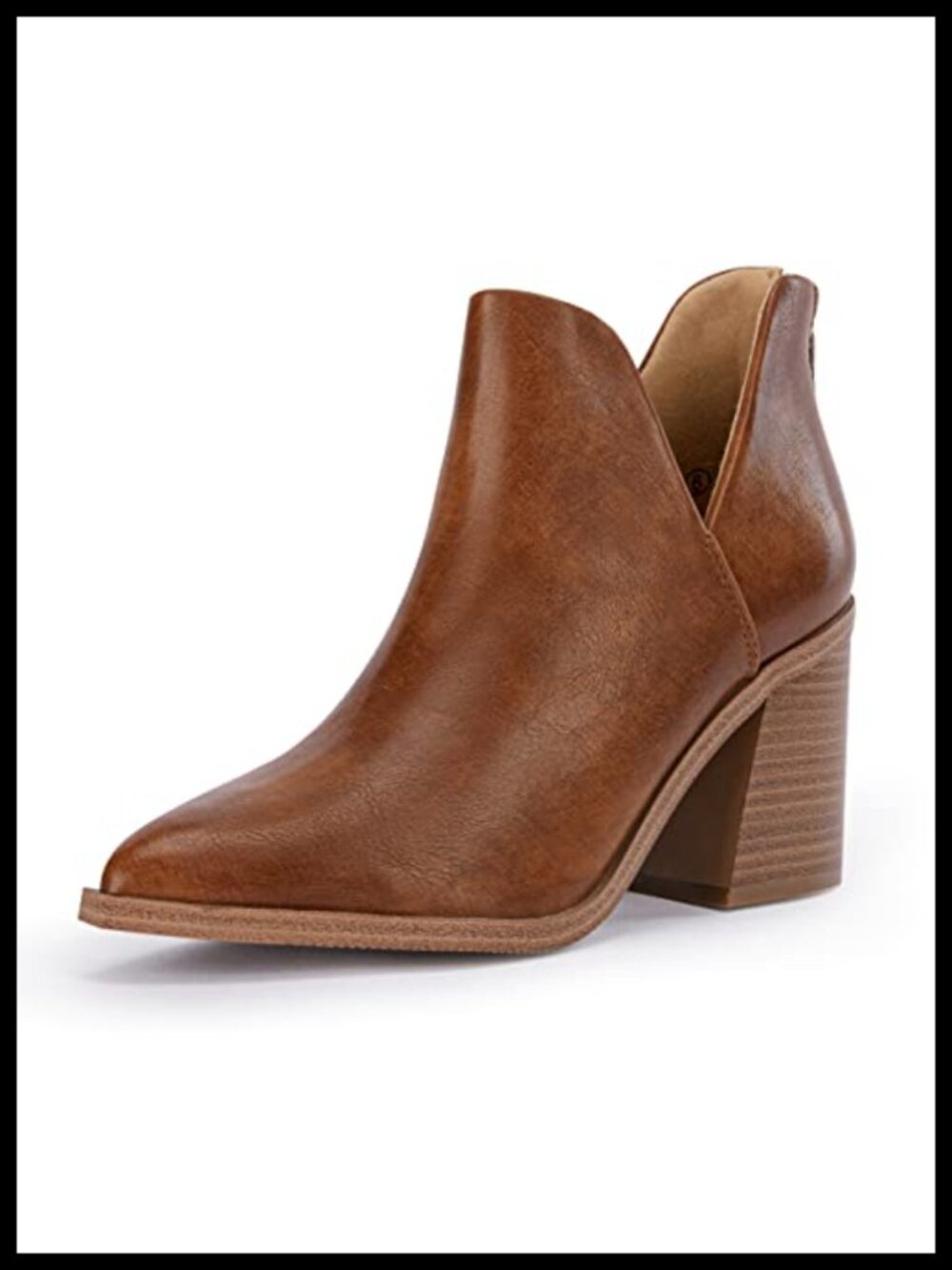 Pointed Toe Stacked Mid Heel Ankle Boots Faux Leather V Cut Back Zipper Booties
